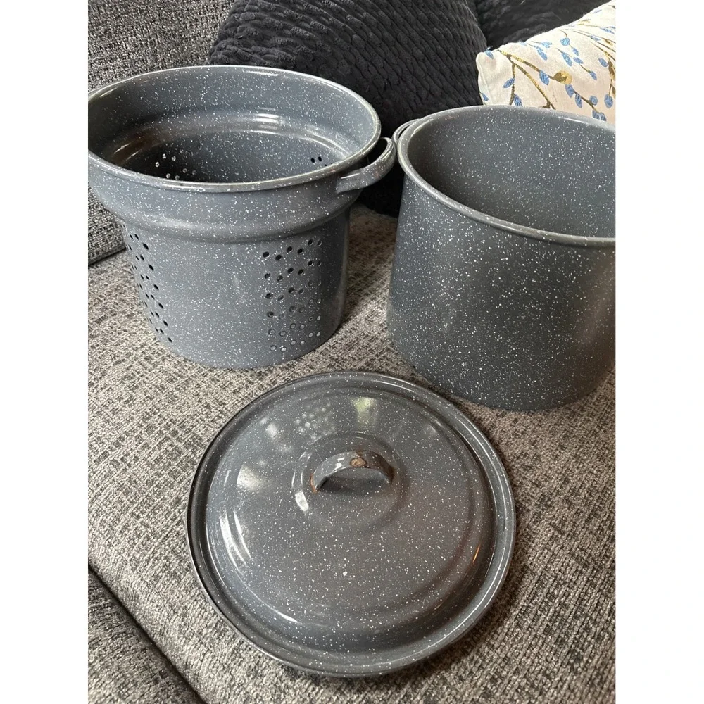 Vintage Grey Speckled Granite Ware Enamel Steamer Pot Set with Lid 3 Piece
